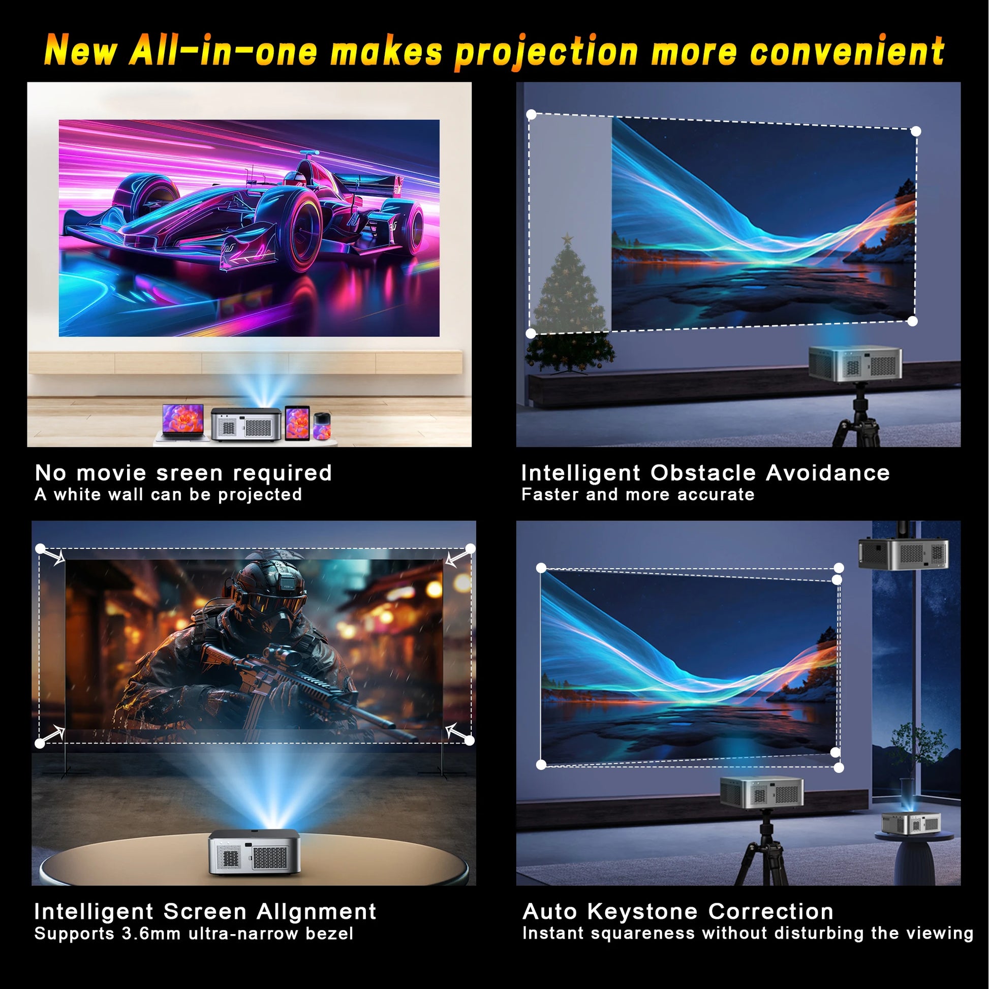 New 1600Ansi Beamer Android 4K Outdoor Projector 32GB Rom Full HD 1080P 8K Video Home Theater Auto Focus Keystone 5G Wifi