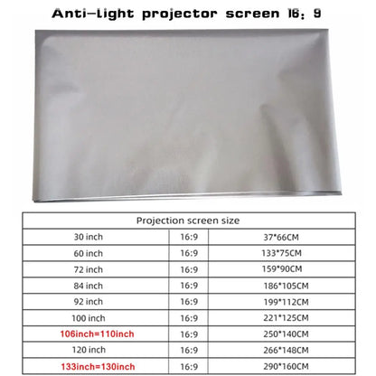 Projector Screen Simple 16:9 Anti-Light Curtain 30 72 84 92 100 106 120 130 133 Inches Home Outdoor Office Portable 3D HD