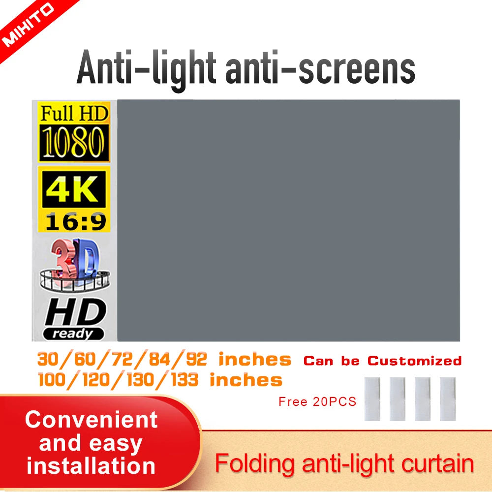 Projector Screen Simple 16:9 Anti-Light Curtain 30 72 84 92 100 106 120 130 133 Inches Home Outdoor Office Portable 3D HD