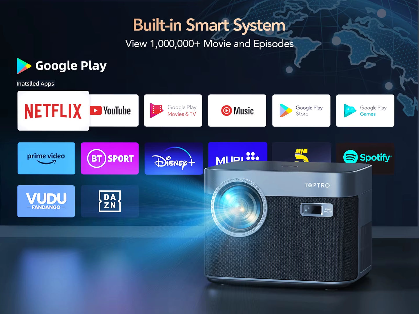 Projector 4K Android 9.0 26000 Lumens Native 1080P Wifi6 Bluetooth Projector Auto Focus/Keystone Outdoor Home Theater
