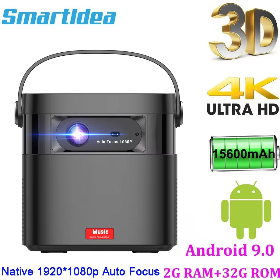 Auto Focus 4K 3D DLP Projector Android 9.0 Build Battery Daytime Proyector 5G Wifi 2G+32G Memory Game Video Beamer